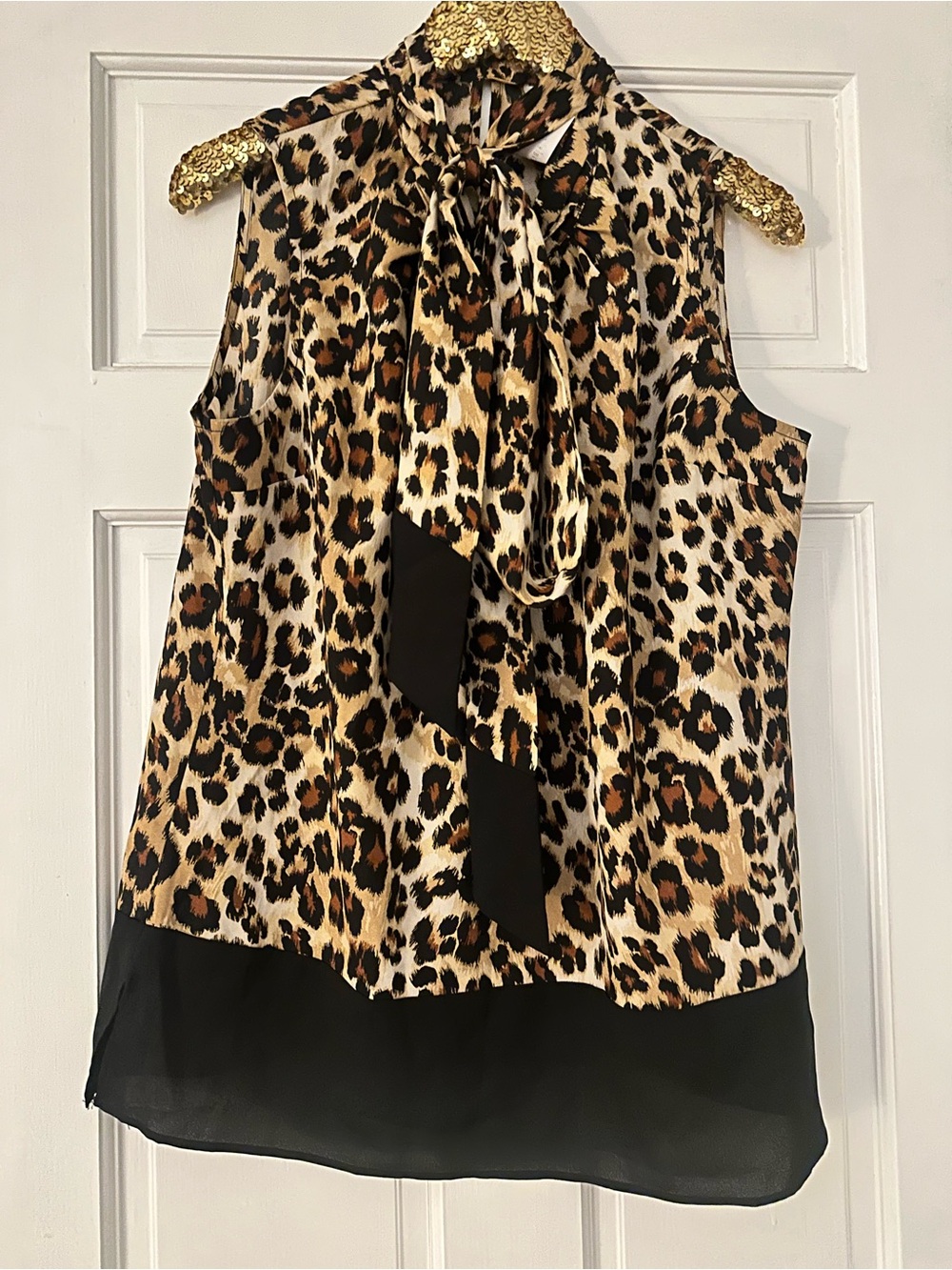 New York & Company Leopard Print Tie-Neck Sleeveless Blouse XL New!